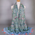 Fashion new arrival large flower pattern print scarf mecerized cotton shawl with tassel